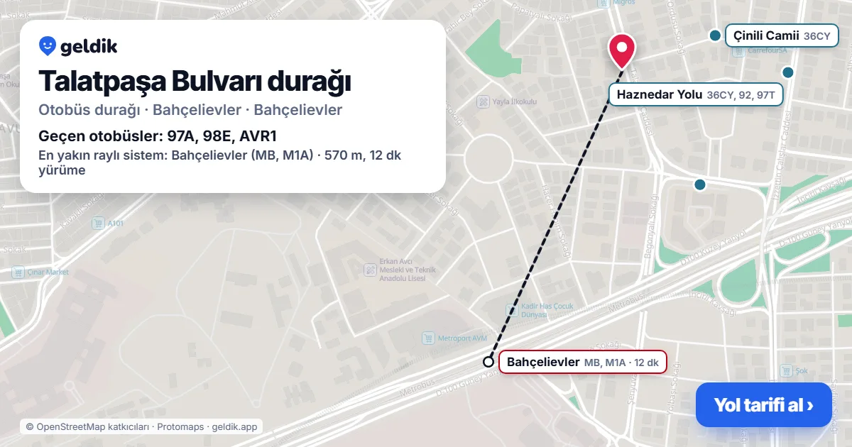 Talatpaşa Bulvarı otobüs durağı haritada: konumu ve yakındaki duraklar