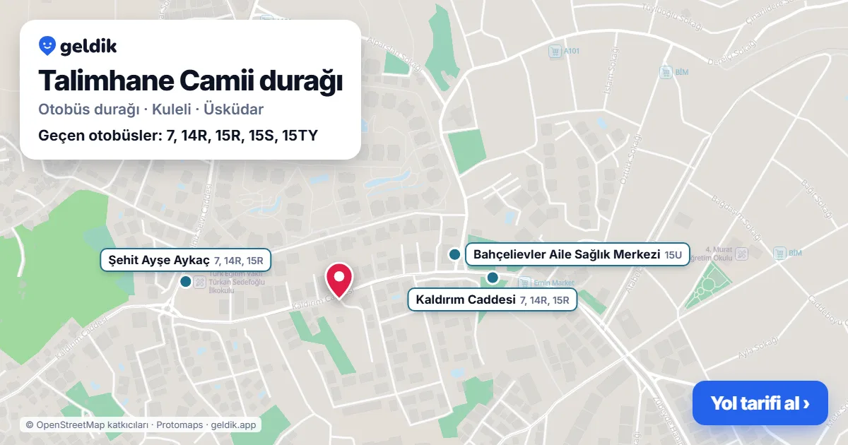 Talimhane Camii otobüs durağı haritada: konumu ve yakındaki duraklar
