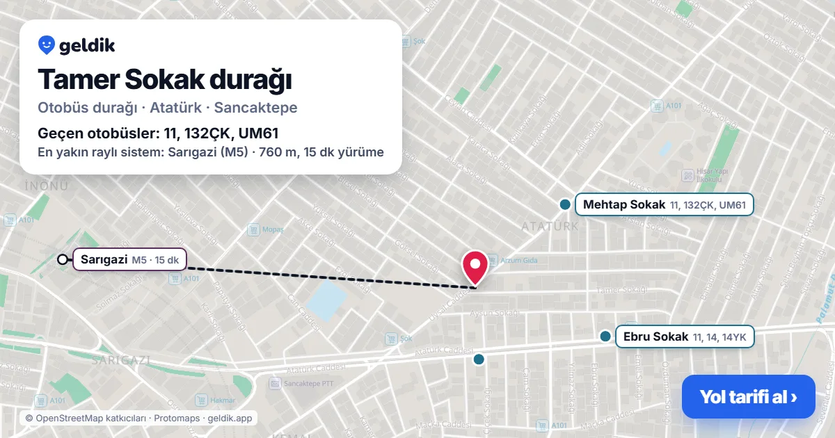Tamer Sokak otobüs durağı haritada: konumu ve yakındaki duraklar