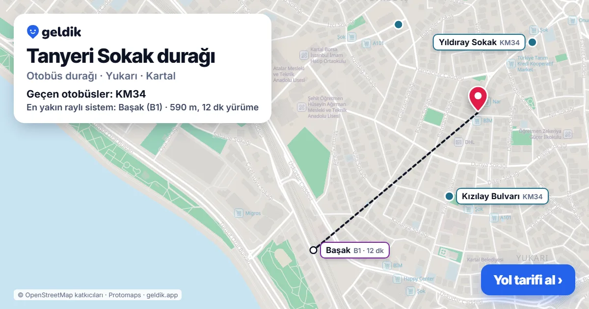 Tanyeri Sokak otobüs durağı haritada: konumu ve yakındaki duraklar