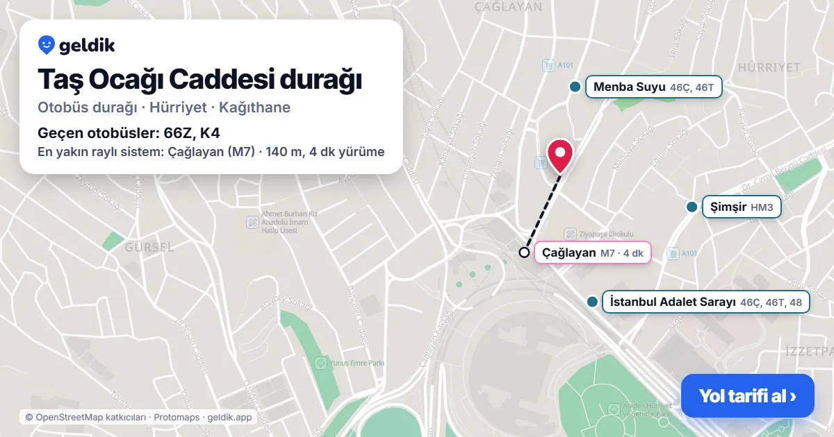 Taş Ocağı Caddesi otobüs durağı haritada: konumu ve yakındaki duraklar