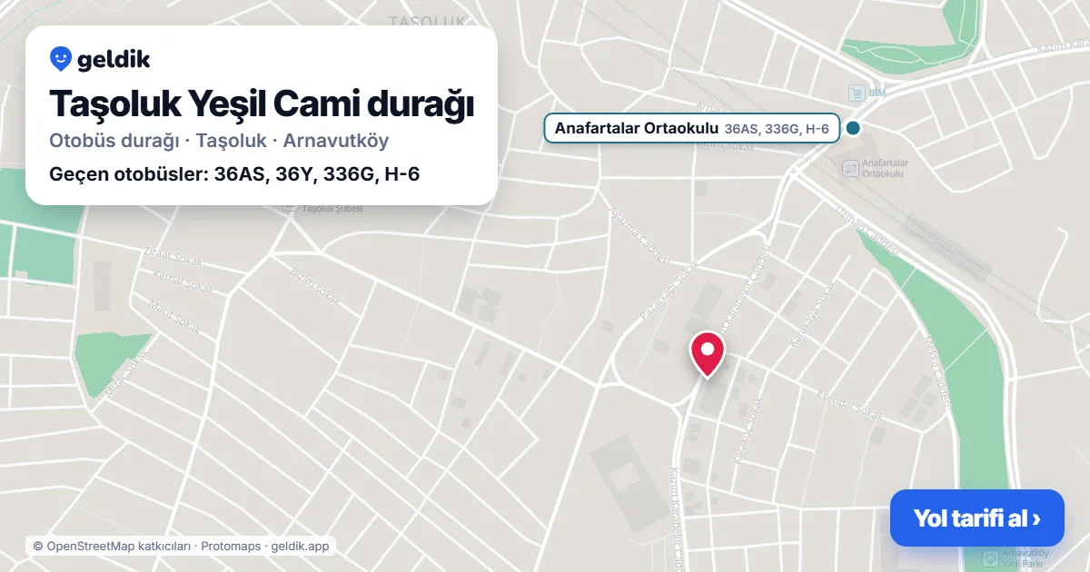 Taşoluk Yeşil Cami otobüs durağı haritada: konumu ve yakındaki duraklar