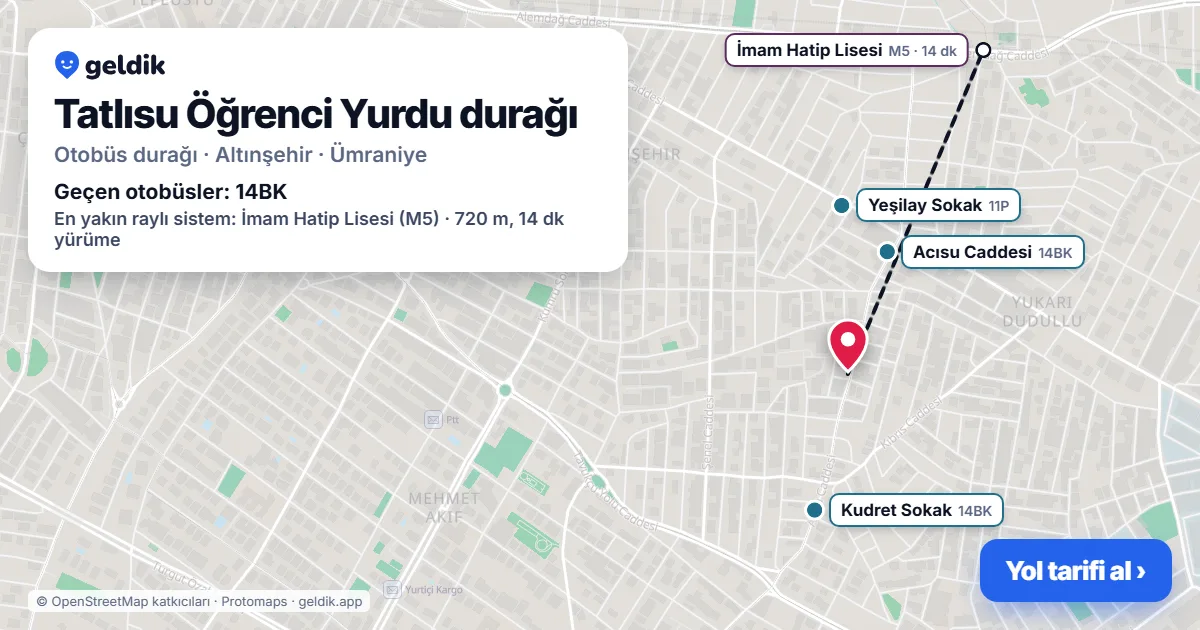 Tatlısu Öğrenci Yurdu otobüs durağı haritada: konumu ve yakındaki duraklar