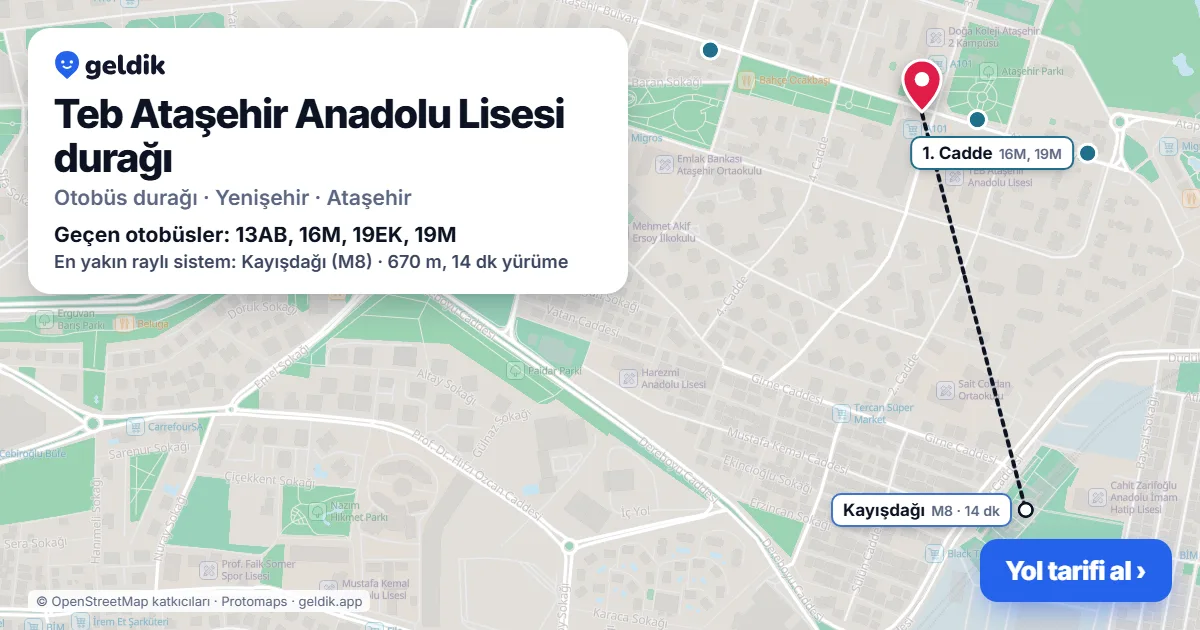 Teb Ataşehir Anadolu Lisesi otobüs durağı haritada: konumu ve yakındaki duraklar