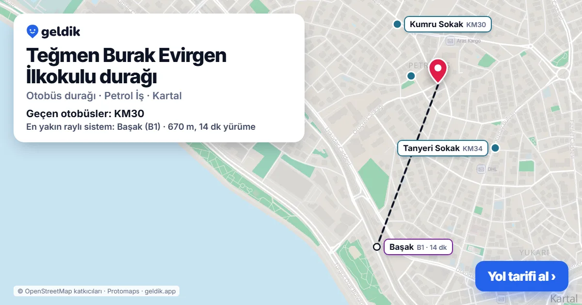 Teğmen Burak Evirgen İlkokulu otobüs durağı haritada: konumu ve yakındaki duraklar