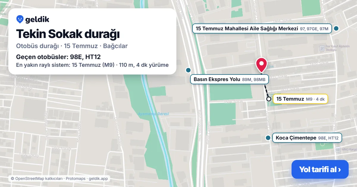 Tekin Sokak otobüs durağı haritada: konumu ve yakındaki duraklar