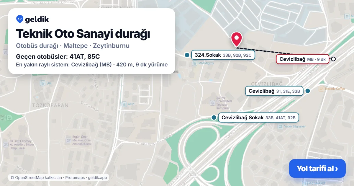 Teknik Oto Sanayi otobüs durağı haritada: konumu ve yakındaki duraklar