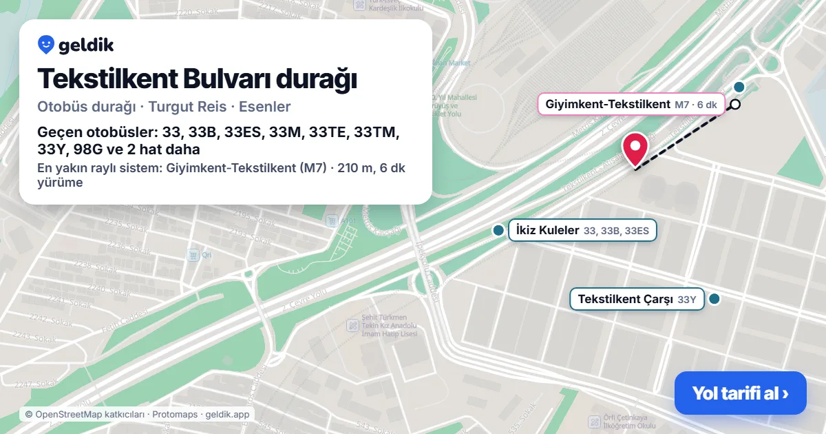 Tekstilkent Bulvarı otobüs durağı haritada: konumu ve yakındaki duraklar