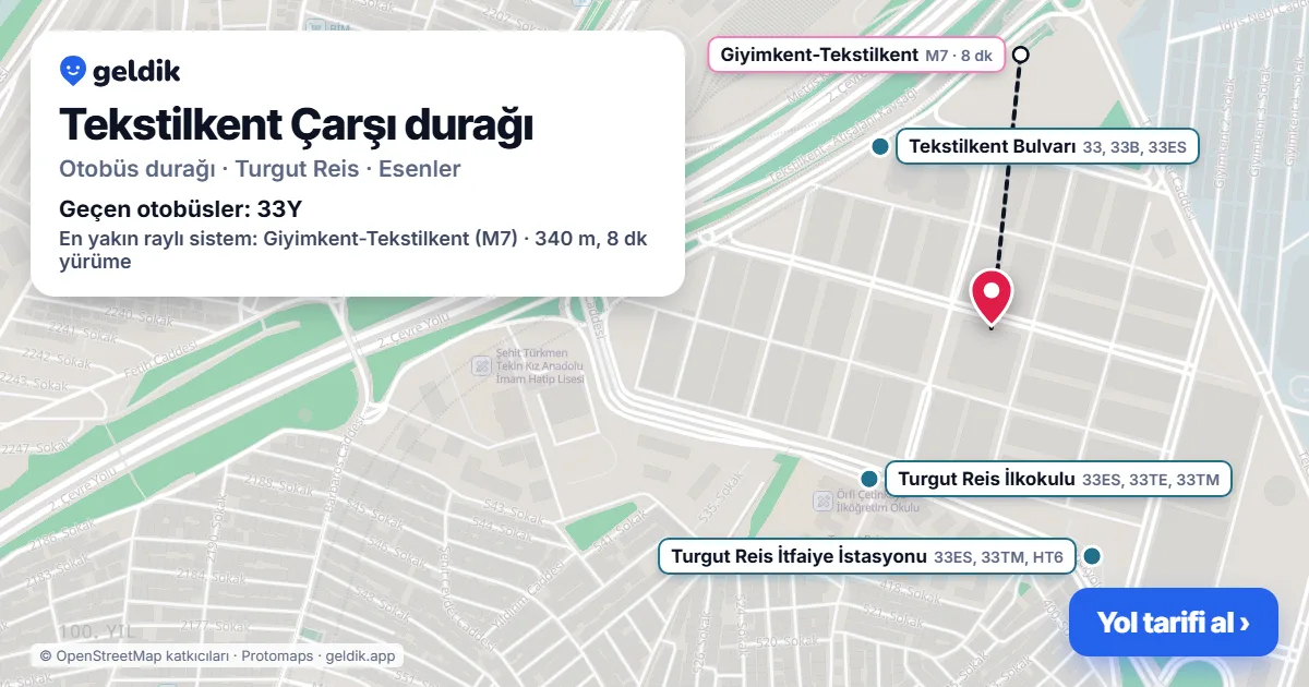 Tekstilkent Çarşı otobüs durağı haritada: konumu ve yakındaki duraklar