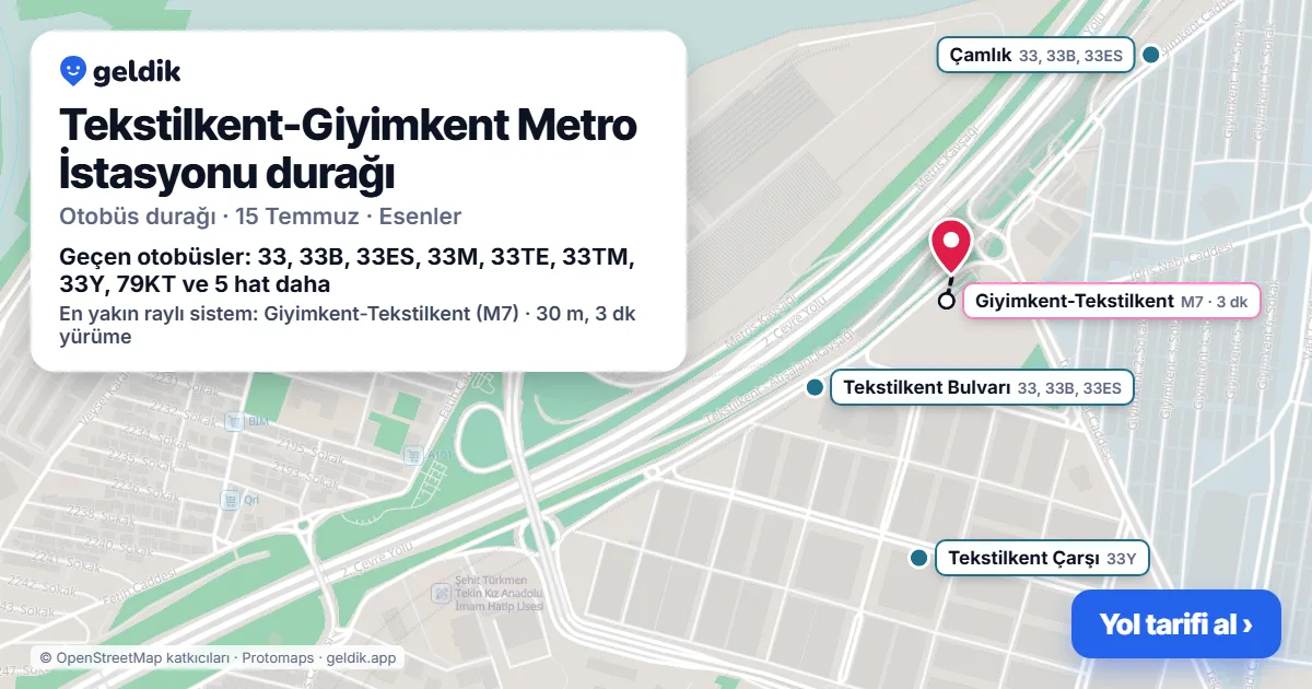 Tekstilkent-Giyimkent Metro İstasyonu otobüs durağı haritada: konumu ve yakındaki duraklar