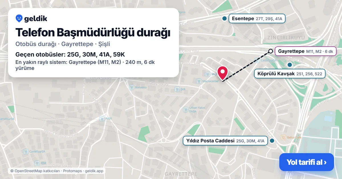 Telefon Başmüdürlüğü otobüs durağı haritada: konumu ve yakındaki duraklar