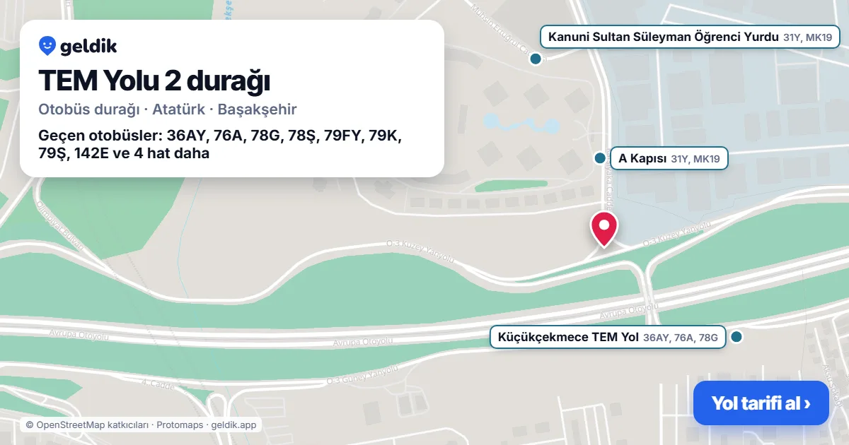 TEM Yolu 2 otobüs durağı haritada: konumu ve yakındaki duraklar