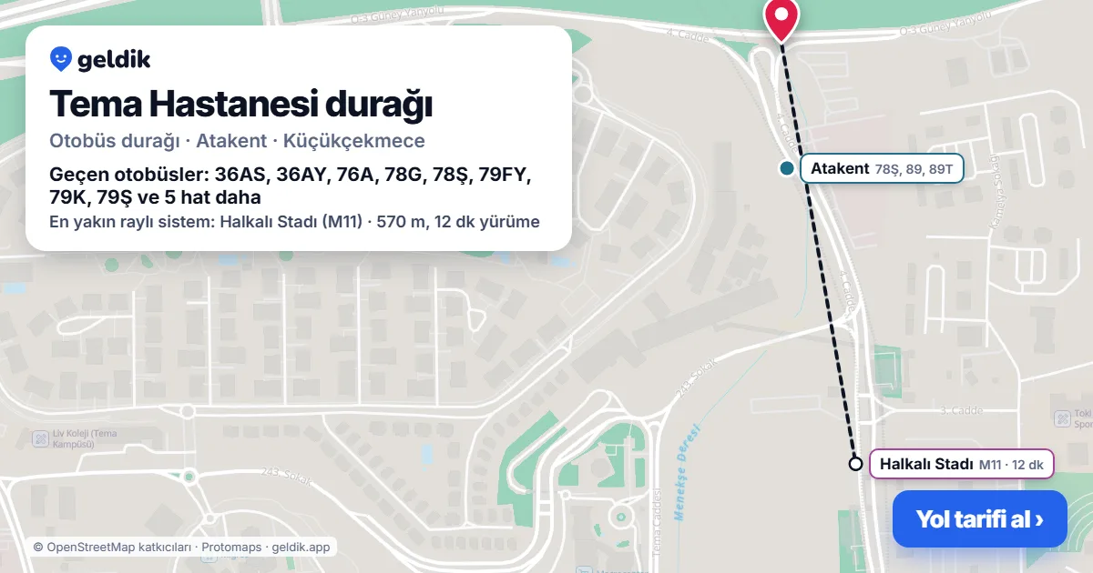Tema Hastanesi otobüs durağı haritada: konumu ve yakındaki duraklar