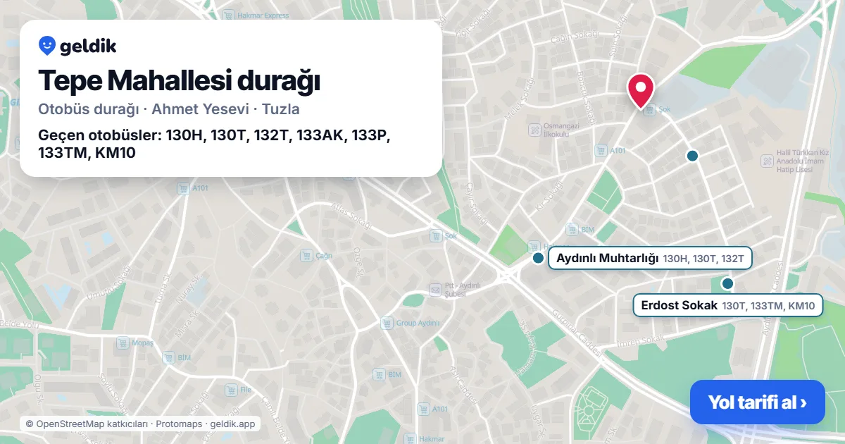 Tepe Mahallesi otobüs durağı haritada: konumu ve yakındaki duraklar