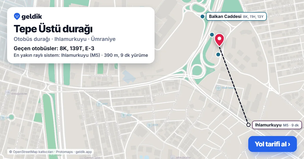Tepe Üstü otobüs durağı haritada: konumu ve yakındaki duraklar