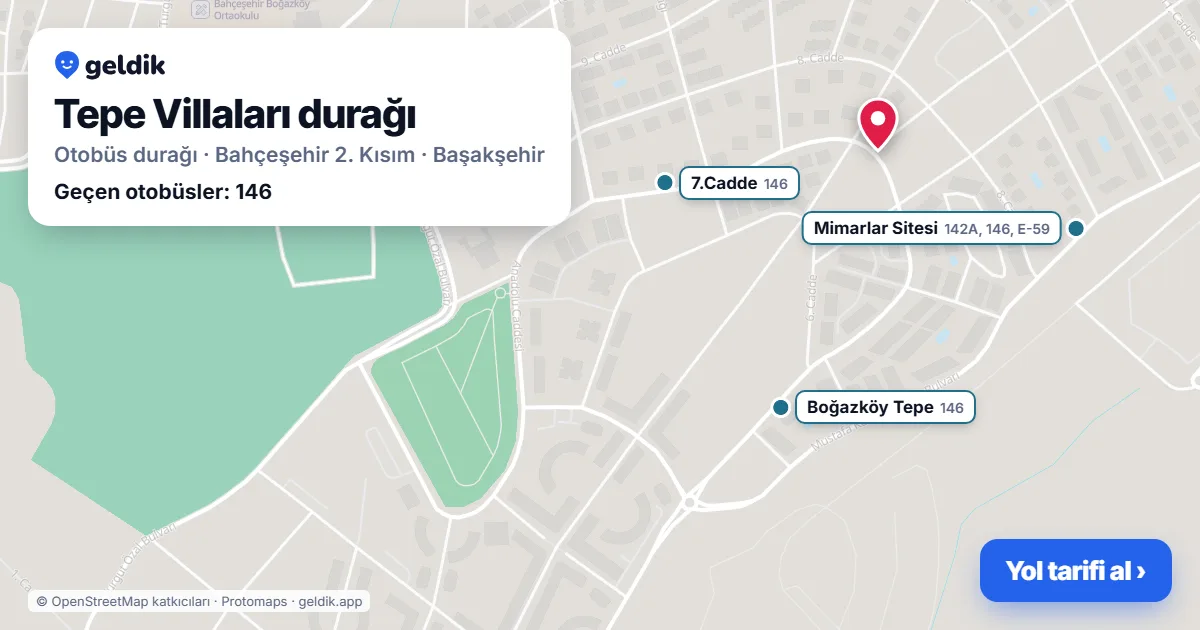 Tepe Villaları otobüs durağı haritada: konumu ve yakındaki duraklar