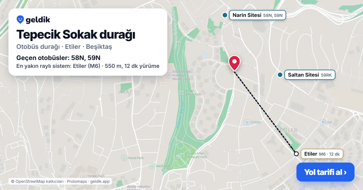 Tepecik Sokak otobüs durağı haritada: konumu ve yakındaki duraklar