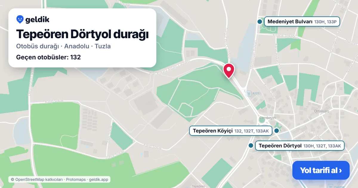 Tepeören Dörtyol otobüs durağı haritada: konumu ve yakındaki duraklar
