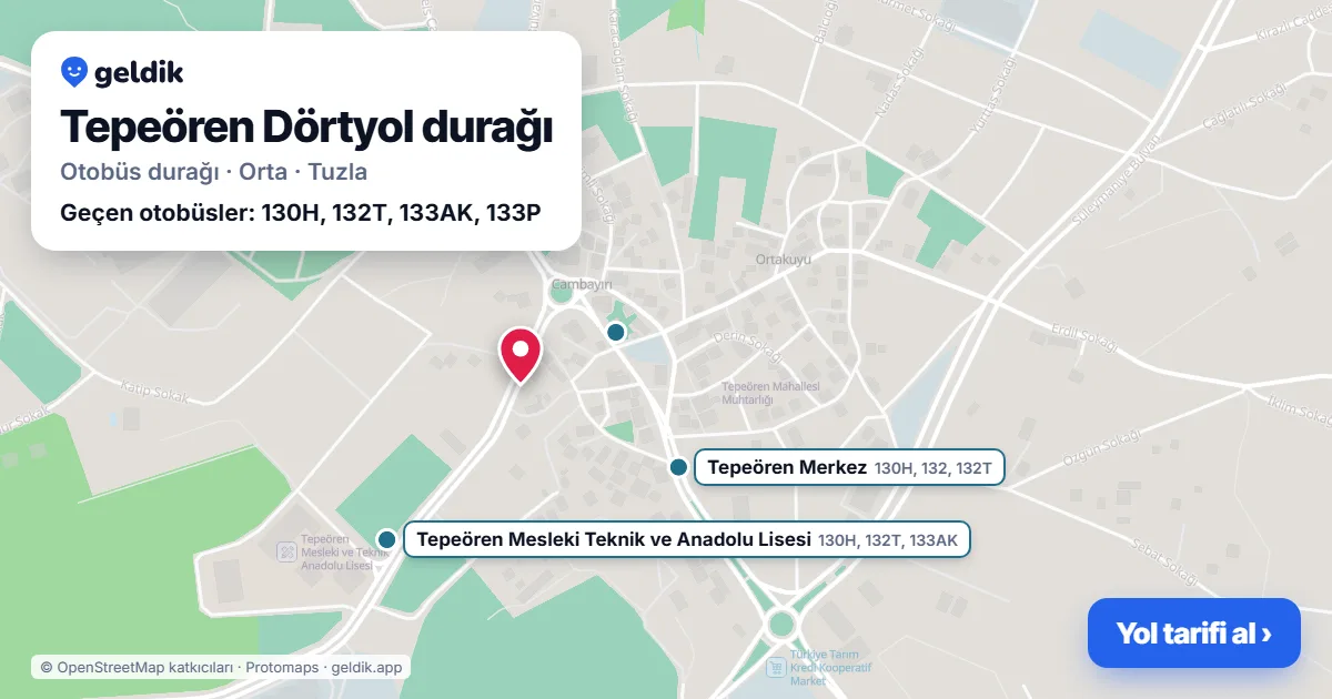 Tepeören Dörtyol otobüs durağı haritada: konumu ve yakındaki duraklar