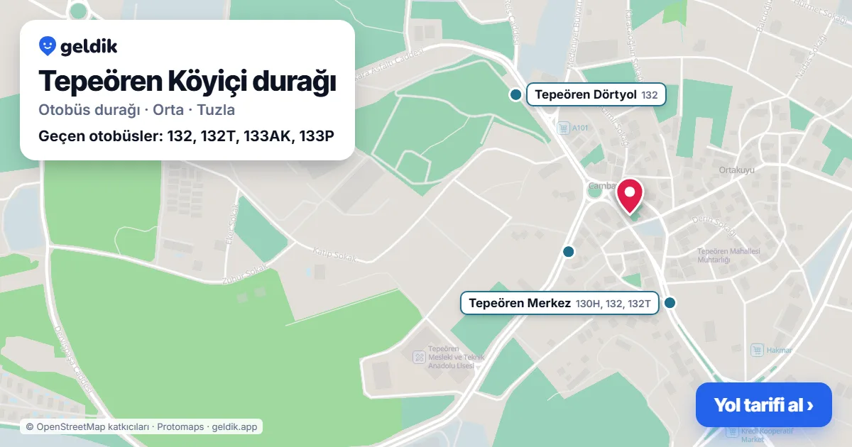 Tepeören Köyiçi otobüs durağı haritada: konumu ve yakındaki duraklar