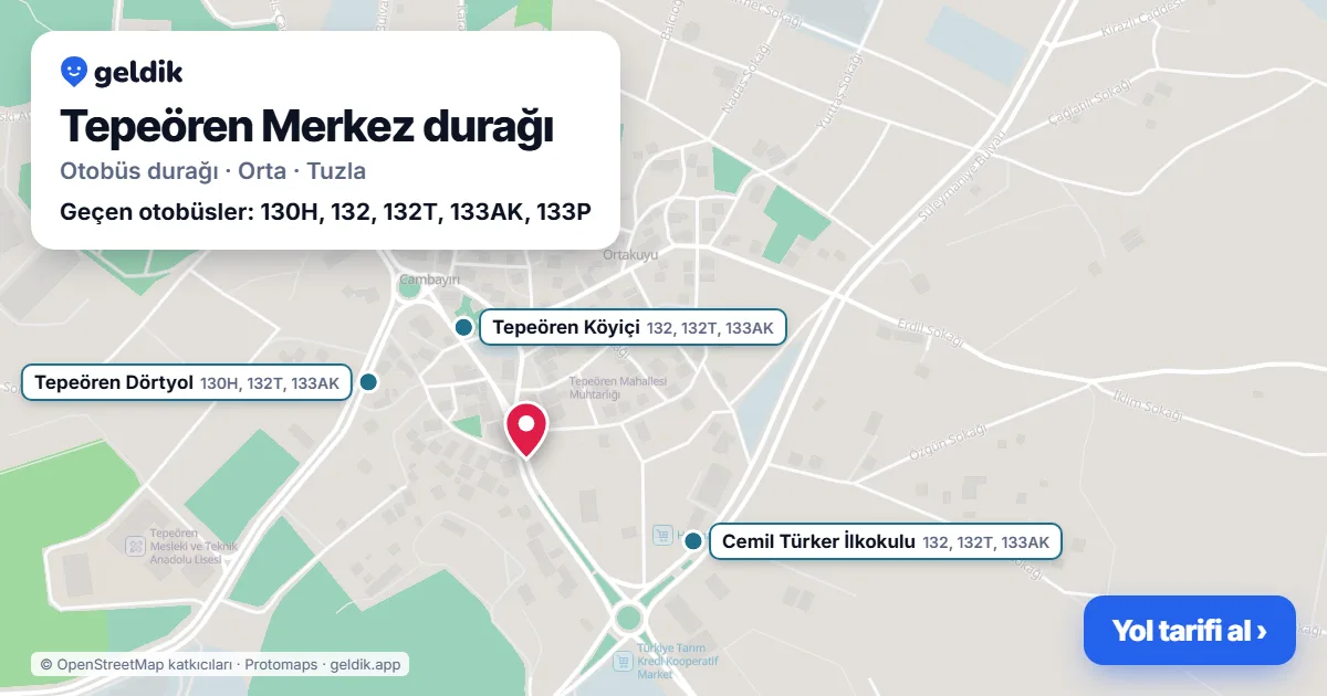 Tepeören Merkez otobüs durağı haritada: konumu ve yakındaki duraklar