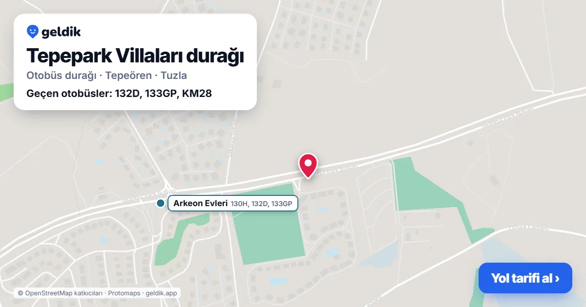 Tepepark Villaları otobüs durağı haritada: konumu ve yakındaki duraklar