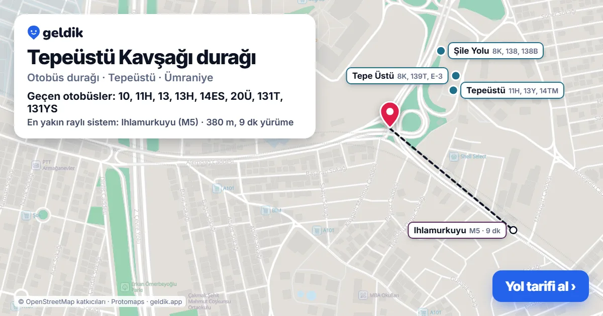 Tepeüstü Kavşağı otobüs durağı haritada: konumu ve yakındaki duraklar