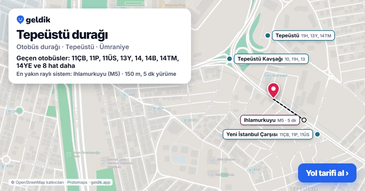Tepeüstü otobüs durağı haritada: konumu ve yakındaki duraklar