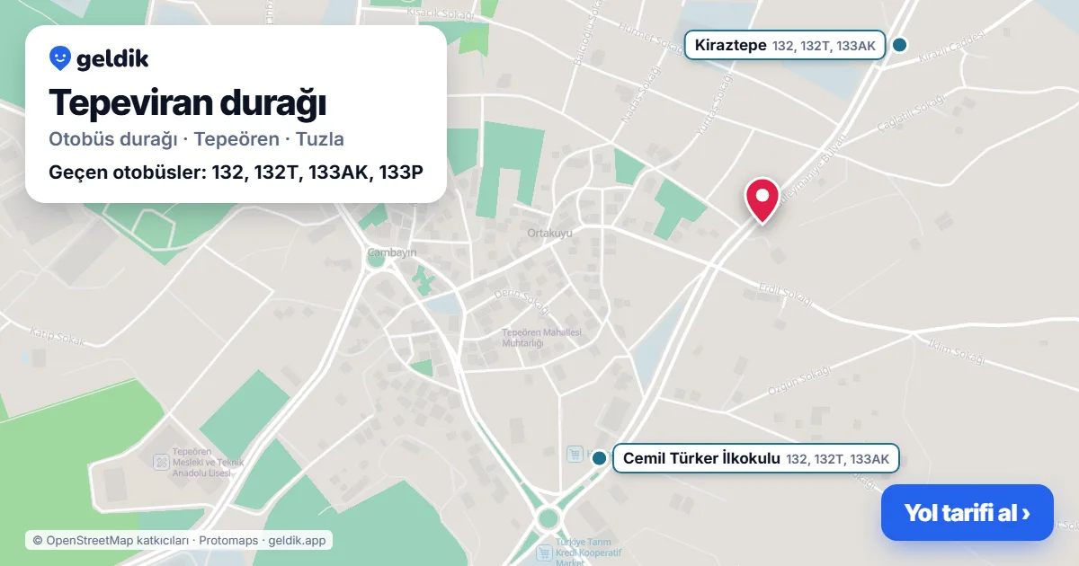 Tepeviran otobüs durağı haritada: konumu ve yakındaki duraklar