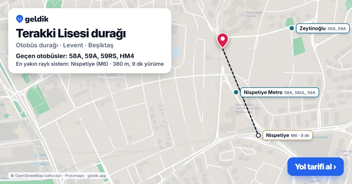 Terakki Lisesi otobüs durağı haritada: konumu ve yakındaki duraklar
