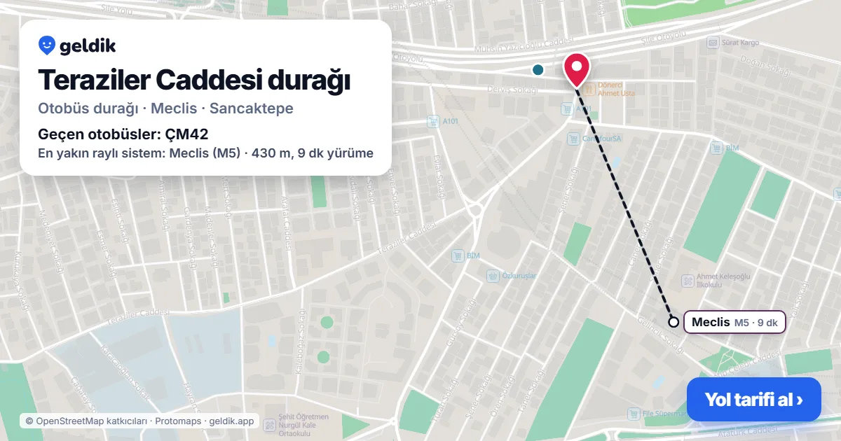 Teraziler Caddesi otobüs durağı haritada: konumu ve yakındaki duraklar