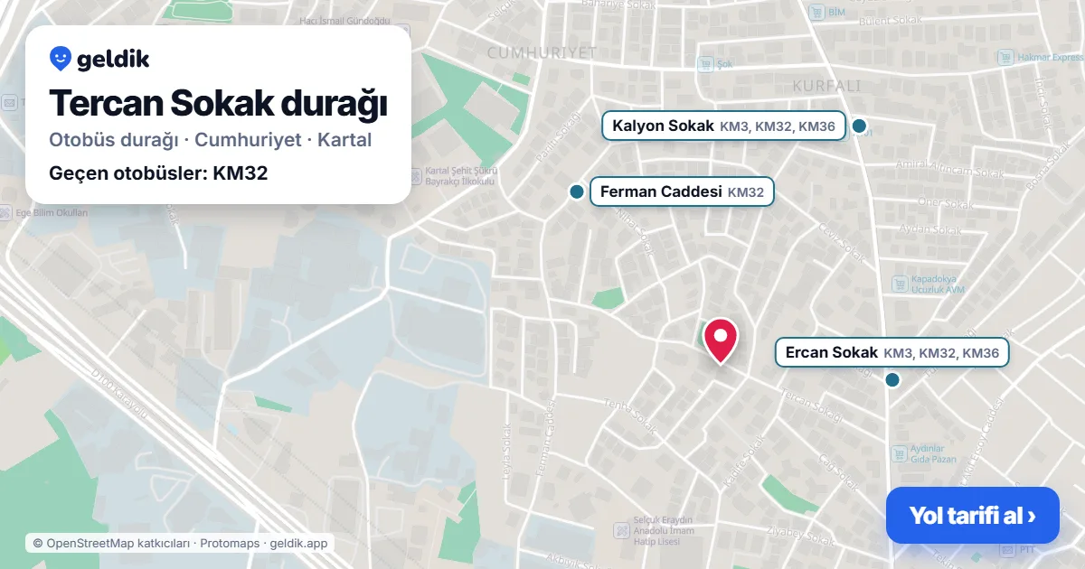 Tercan Sokak otobüs durağı haritada: konumu ve yakındaki duraklar