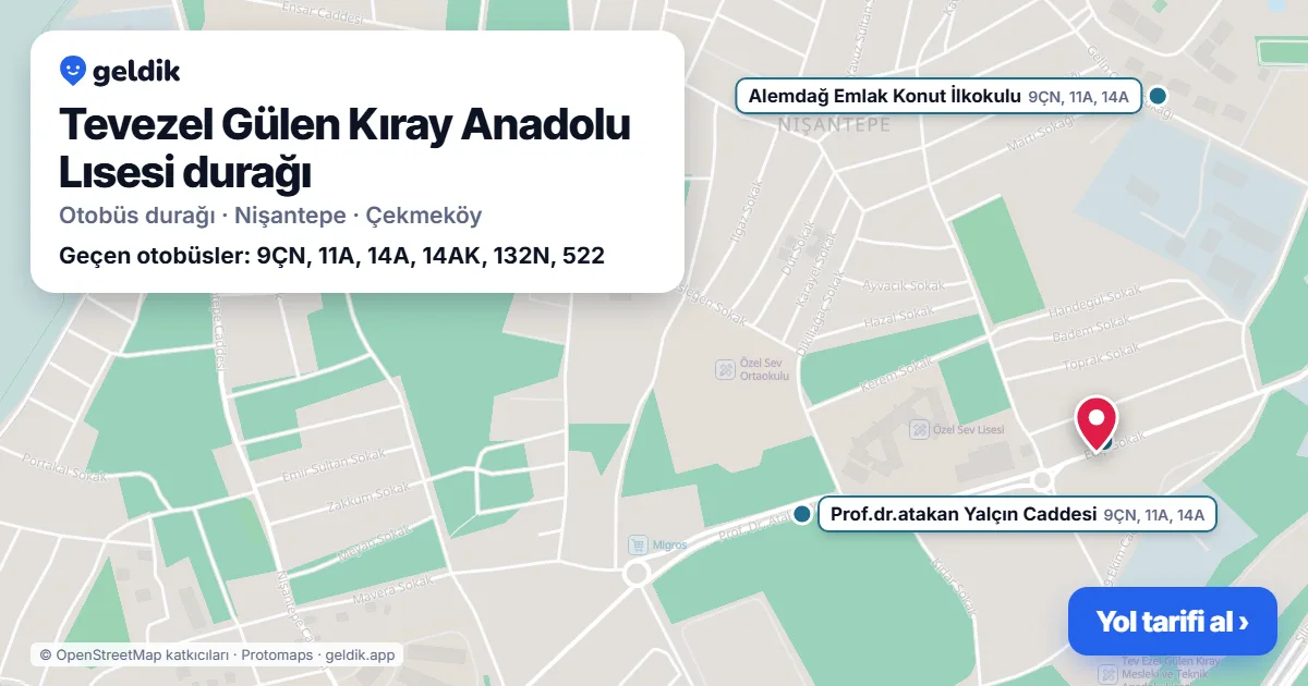 Tevezel Gülen Kıray Anadolu Lısesi otobüs durağı haritada: konumu ve yakındaki duraklar