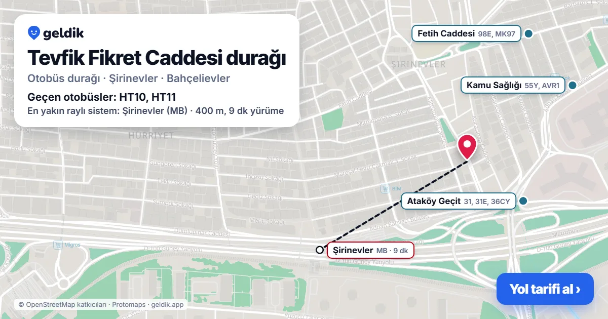 Tevfik Fikret Caddesi otobüs durağı haritada: konumu ve yakındaki duraklar
