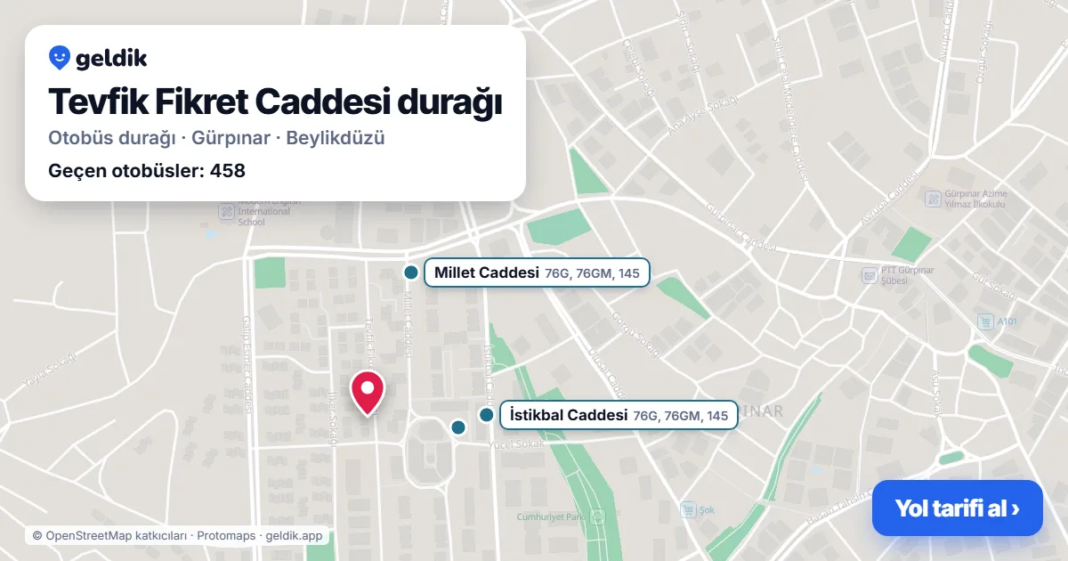 Tevfik Fikret Caddesi otobüs durağı haritada: konumu ve yakındaki duraklar
