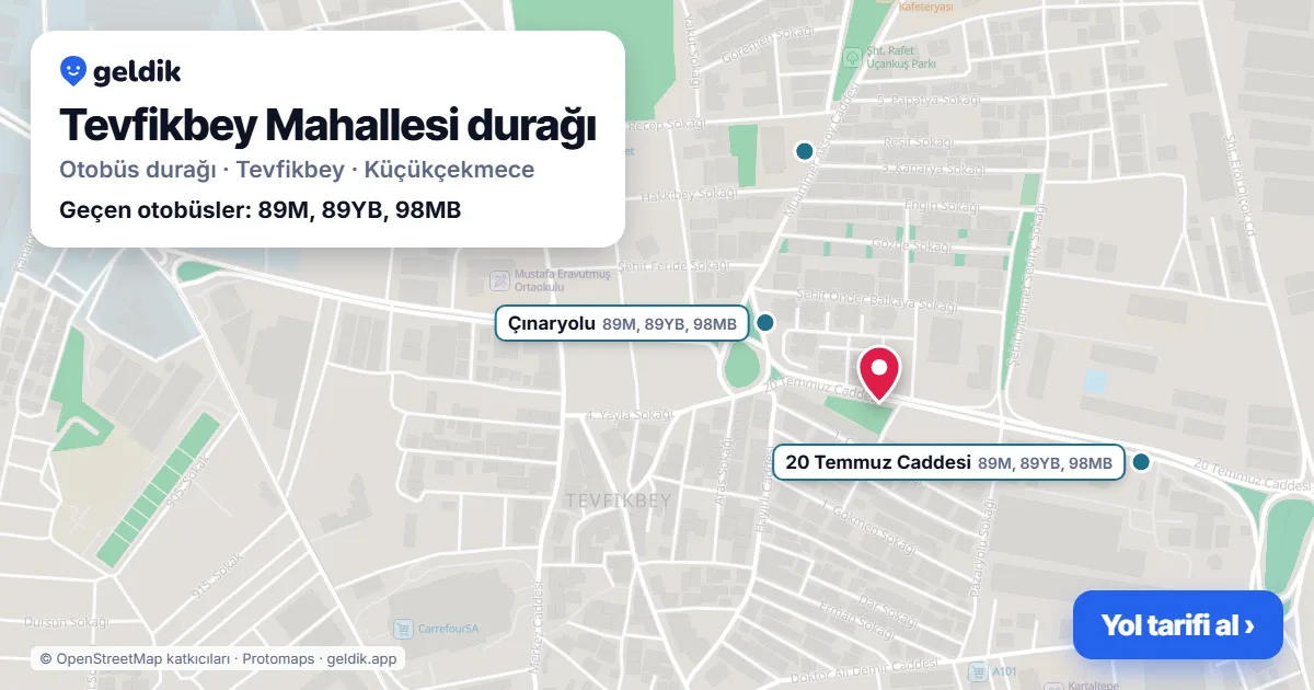 Tevfikbey Mahallesi otobüs durağı haritada: konumu ve yakındaki duraklar