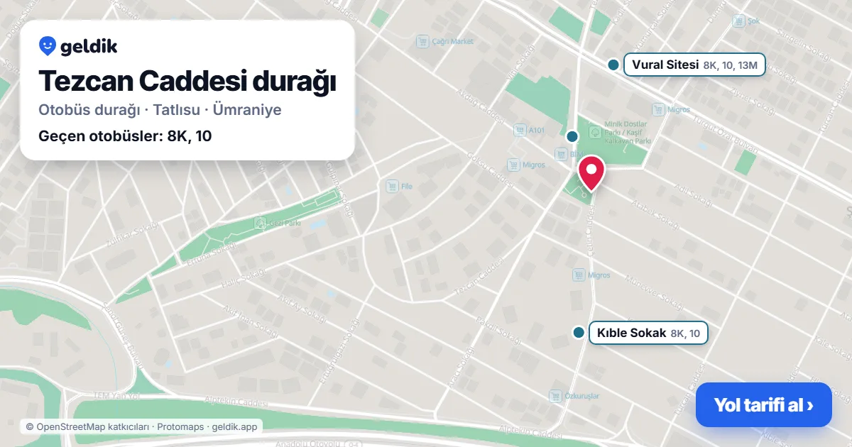 Tezcan Caddesi otobüs durağı haritada: konumu ve yakındaki duraklar