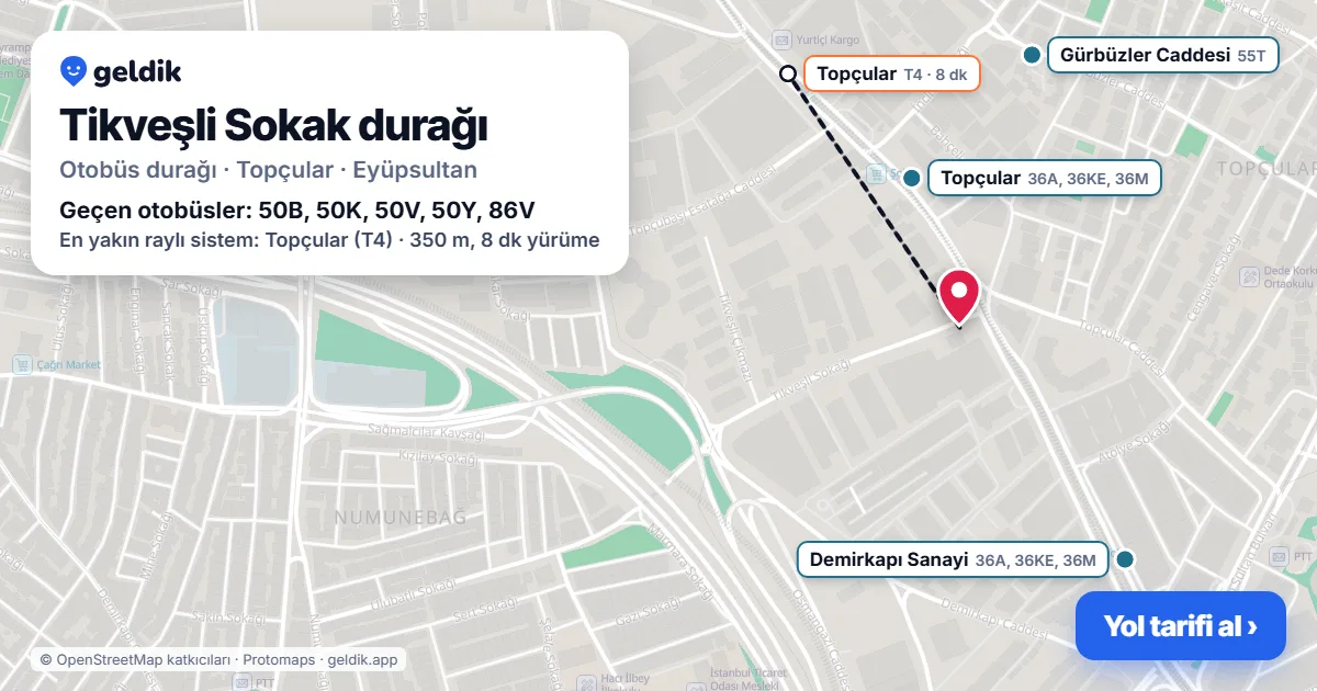 Tikveşli Sokak otobüs durağı haritada: konumu ve yakındaki duraklar