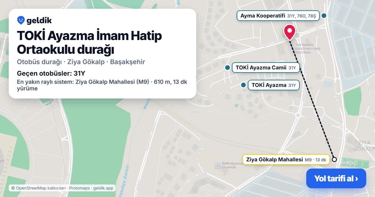 TOKİ Ayazma İmam Hatip Ortaokulu otobüs durağı haritada: konumu ve yakındaki duraklar