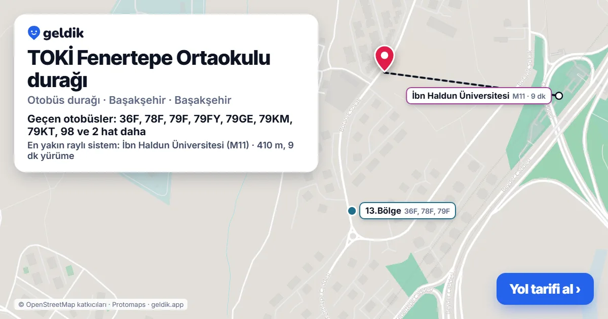 TOKİ Fenertepe Ortaokulu otobüs durağı haritada: konumu ve yakındaki duraklar