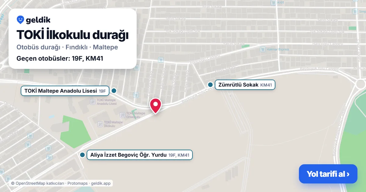 TOKİ İlkokulu otobüs durağı haritada: konumu ve yakındaki duraklar