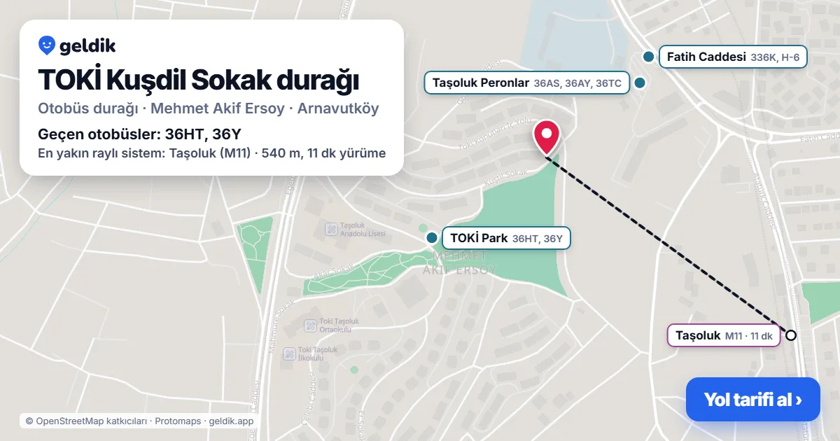 TOKİ Kuşdil Sokak otobüs durağı haritada: konumu ve yakındaki duraklar