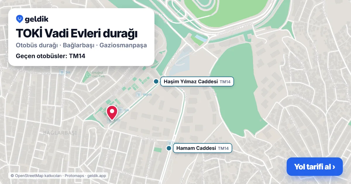 TOKİ Vadi Evleri otobüs durağı haritada: konumu ve yakındaki duraklar