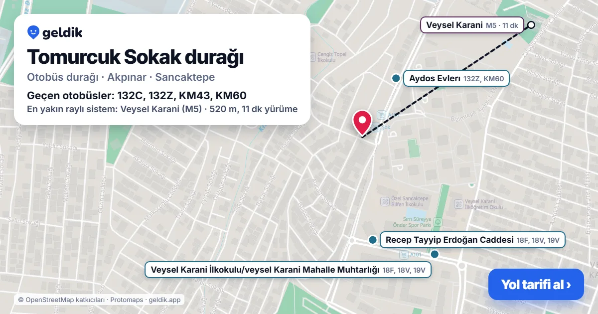 Tomurcuk Sokak otobüs durağı haritada: konumu ve yakındaki duraklar