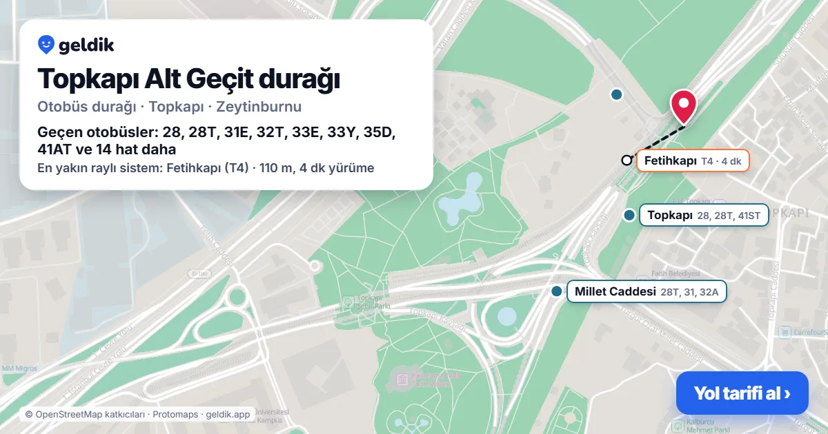 Topkapı Alt Geçit otobüs durağı haritada: konumu ve yakındaki duraklar
