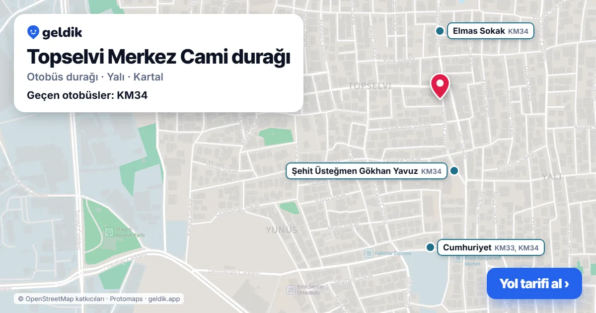 Topselvi Merkez Cami otobüs durağı haritada: konumu ve yakındaki duraklar
