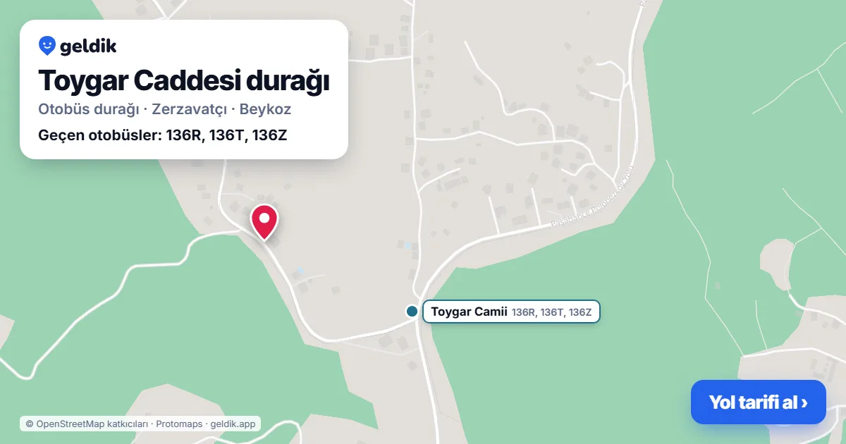 Toygar Caddesi otobüs durağı haritada: konumu ve yakındaki duraklar