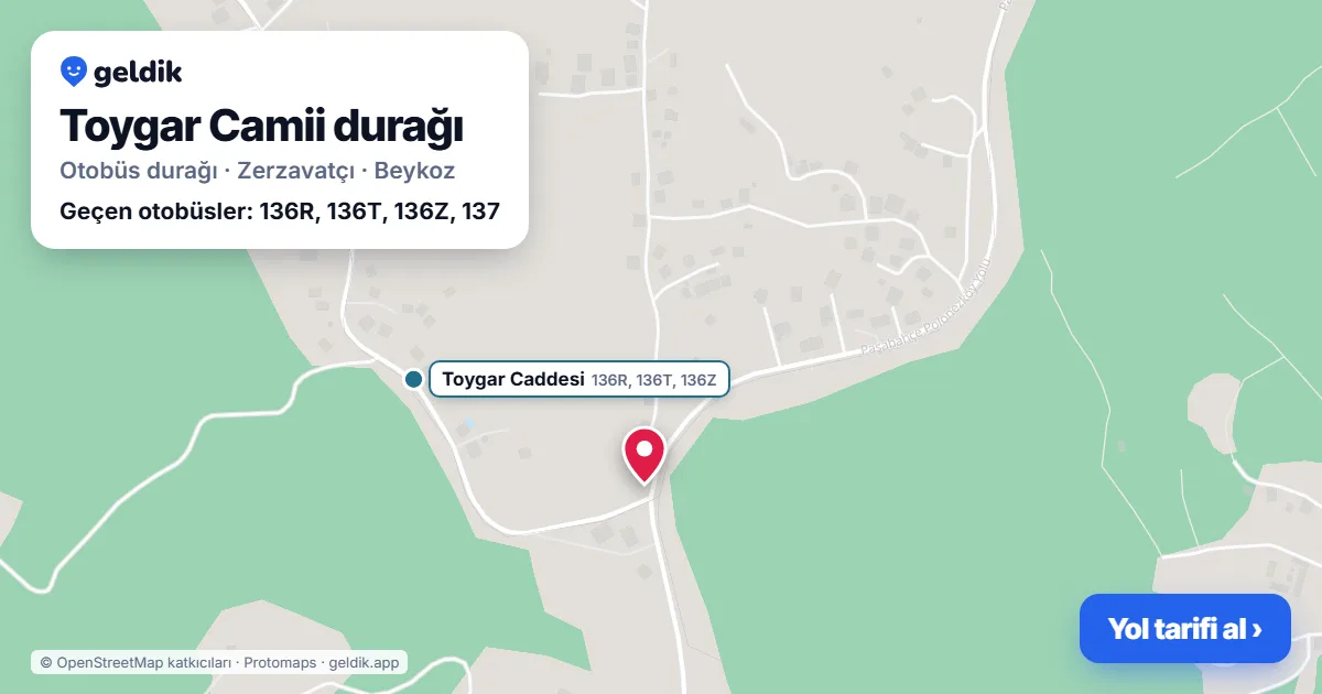 Toygar Camii otobüs durağı haritada: konumu ve yakındaki duraklar