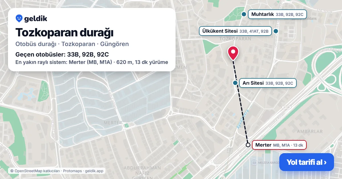 Tozkoparan otobüs durağı haritada: konumu ve yakındaki duraklar