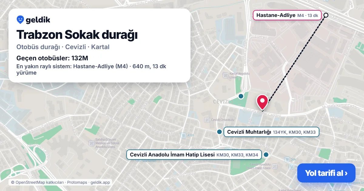 Trabzon Sokak otobüs durağı haritada: konumu ve yakındaki duraklar